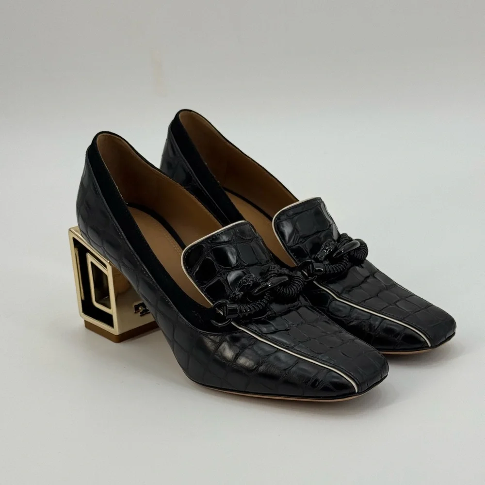 Tory Burch Jessa Black Croc Texture Square Toe Loafers Gold Architectural Heel